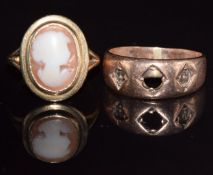 A 9ct rose gold ring mount and a 9ct gold ring set with a cameo, 5.5g