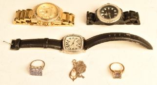 A 9ct gold ring set with mystic topaz, silver necklace, silver ring, Michael Kors watch, etc