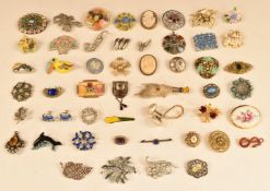 A collection of vintage brooches including lucite, Czech, marcasite, Miracle, paste, Mizpah,