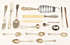 Hallmarked silver and white metal cutlery to include Victorian fiddle pattern dessert spoons, bottom