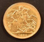 Queen Victoria 1884 young head gold full sovereign