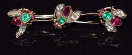 Victorian brooch in the form of three insects/ flies set with rubies, emeralds, old and rose cut