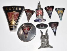 Eight Rover pre war and later car badges and mascots to include 12, 16, 60, 90 and 105, height of