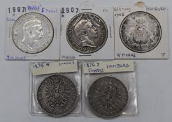 Five German / Prussian silver 5 Mark coins including 1874, 1876, 1907 and 1908
