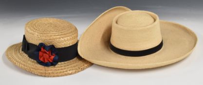 Straw boater by Olney with leather band, size 6 7/8, together with another straw hat of similar