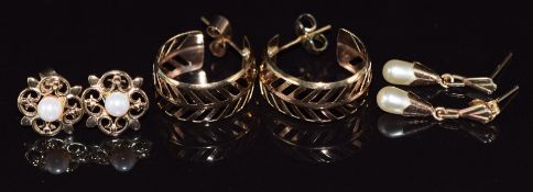 Three pairs of 9ct gold earrings, one pair set with pearls, one with faux pearls and the other