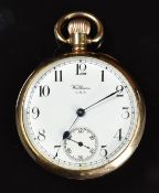 Waltham 9ct gold keyless winding open faced pocket watch with inset subsidiary seconds dial, blued