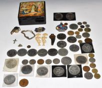 Silver scent bottle, coins, brooch, Indian lacquer box etc