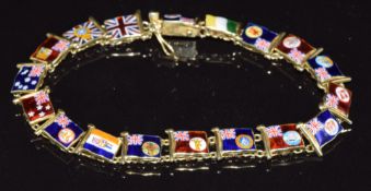 A 14k gold bracelet made up of enamel flags of the Commonwealth 1939, 18cm long, 21.8g