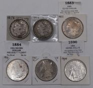 Six USA Morgan silver Dollars comprising 1878 Carson City, 1881 San Francisco, 1883, 1884, 1885
