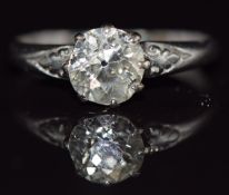 A platinum ring set with an old cut diamond of approximately 1.3ct, 2.1g, size O