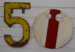 Vintage enamel ground disc signal, diameter 39.5cm together with a railway speed limit 5 number,