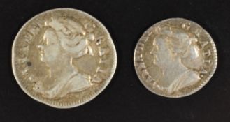 Queen Anne maundy 2d 1706 1st bust, Seaby 3597 (GF) together with a maundy 1d 1709, Seaby 3598 (