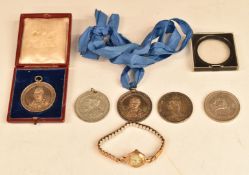 A 9ct gold ladies watch, silver crown, two silver Dundee school medallions etc