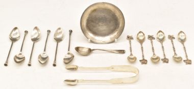 Two sets of silver tea or coffee spoons, one hallmarked silver other marked 800, further