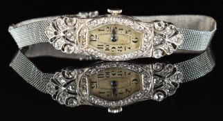 Art Deco platinum ladies wristwatch with diamond set case, blued Breguet hands, black Arabic