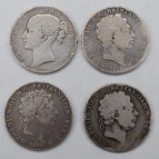 Three George III crowns, about F, together with a Queen Victoria 1845 wreath crown, F