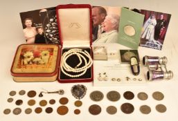 A collection of jewellery and coins including pearl necklace, silver earrings, Victorian brooch,