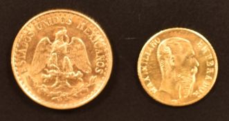 Mexico 1945 dos Pesos gold coin, 1.7g, together with an Maximiliano 1865 fantasy example, 0.5g