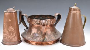Copper Art Nouveau / Arts and Crafts three handled jardinière and two jugs, tallest 28.5cm