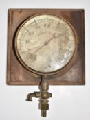 G.Hatch Ltd London brass 0-200psi steam or similar pressure gauge, mounted on a wooden base,