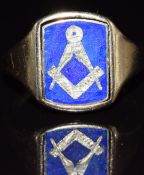 A 9ct gold swivel signet ring with Masonic emblem to blue enamel ground, verso plain panel, 7.3g,