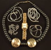 Raymond Weil watch, four silver necklaces and a beaded necklace with silver sections
