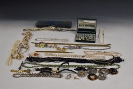 A collection of costume jewellery including Scottish silver brooch, silver brooch set with amber,
