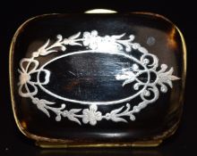 Late 19th/early 20thC French silver inlaid brass bound piqué purse with purple silk fitted interior,