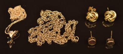 A pair of 18ct gold knot earrings (2.1g), a 9ct gold necklace (6g), a 14k gold chain and pendant set