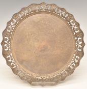 Victorian hallmarked silver salver, with pierced rim and engraved decoration, raised on three