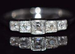 Art Deco platinum ring set with five old cut diamonds, total diamond weight approximately 0.5ct, 2.