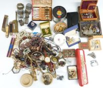 A collection of costume jewellery including paste set and other earrings, vintage brooches, beads,