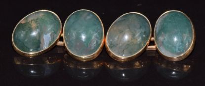 A pair of 9ct gold cufflinks set with moss agate cabochon, in original Liberty box, 11.7g