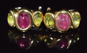 A pair of 18ct gold earrings set with pink and green tourmaline cabochons, 14.2g