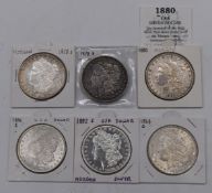 Six USA Morgan silver Dollars comprising 1878 and 1879 San Francisco, 1880, 1880, 1882 and 1884