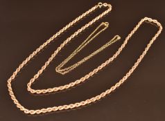 A 9ct rose gold rope twist necklace (76cm long) and a 9ct gold chain, 14.7g