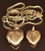 Two 9ct gold heart-shaped lockets and a 9ct gold chain, 14.5g