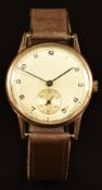 Unnamed 9ct gold gentleman's wristwatch with subsidiary seconds dial, blued hands, black Arabic