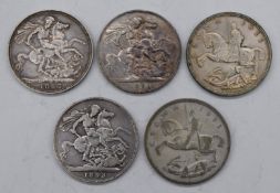 Three veiled head Queen Victoria crowns, 1893, 1895 and 1897, together with two George V rocking