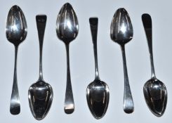 Six Georgian hallmarked silver Old English pattern dessert spoons, including an Irish example,
