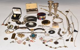 A collection of costume jewellery including  9ct gold wristwatch, pair of hallmarked silver vases,