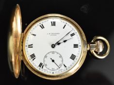 J W Benson 9ct gold keyless winding full hunter pocket watch with subsidiary seconds dial, blued
