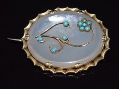 Victorian brooch set with chalcedony and turquoise, 14.4g, 4 x 3.2cm