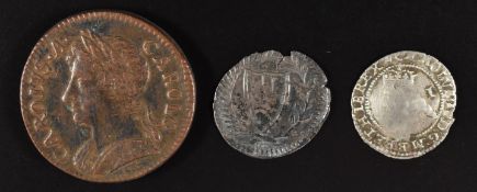The Commonwealth penny, Seaby 3222 together with a Charles II hammered penny issue 3 1660-2, and a