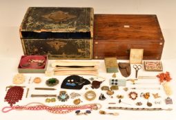A collection of costume jewellery including beads, Cheltenham sewing item, silver pen, sewing box,