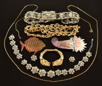 A collection of costume jewellery including a belt set with diamanté in Ken Lane box, diamanté