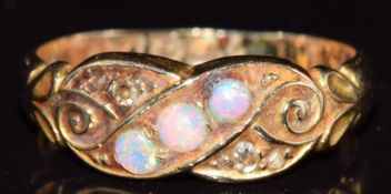 Victorian 18ct gold ring set with opals and diamonds, Chester 1899, 2.4g, size K