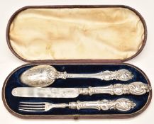 Cased Victorian hallmarked silver cutlery set comprising spoon, fork and knife, Sheffield 1844,