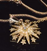 Edwardian 9ct gold star pendant set with seed pearls, on 9ct gold chain, Chester 1907, in original